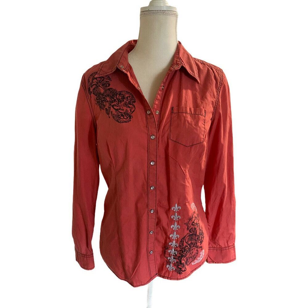 Style & Co Women Button Up Tab Sleeve Shirt Red Black Long Sleeve sz 10
